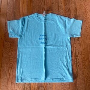 light blue embroidered Happy Birthday Jesus Christian shirt